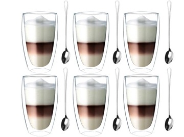 Filiżanki Termiczne Kubki do Kawy Latte Herbaty 380ml z Łyżeczkami 6 sztuk