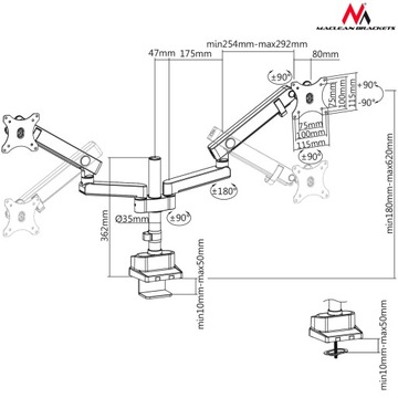 НАСТОЛЬНЫЙ ДЕРЖАТЕЛЬ ДЛЯ 2 LED ЖК-МОНИТОРОВ 2 РУКИ 2x8 кг MACLEAN MC-812