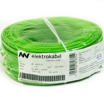 100m Przewód jednożyłowy kabel linka 1x1,5 LGY 1 x 1,5mm zielony