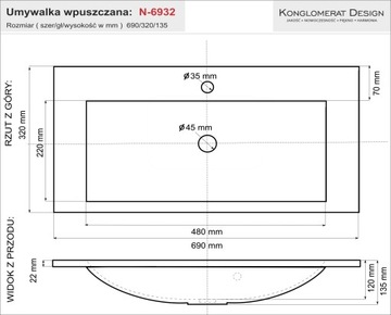 Узкая глубокая раковина 69x32 New Line 69 NanoShine