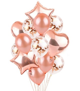 PIK BALONÓW z Konfetti, serca - ROSE GOLD 14szt