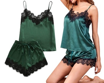 KOMPLET SATYNOWA KOSZULKA NOCNA SPODENKI KORONKA