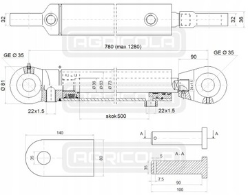 SIŁOWNIK CYLINDER HYDRAULICZNY 2-STR 63/36 SKOK 500 + MOCOWANIA HYDROLIDER