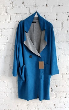 Świetny oversize płaszcz ZAMSZ niebieski r.44-52