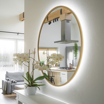LUSTRO OKRĄGŁE PODŚWIETLANE ZŁOTA RAMA 110 cm, LED
