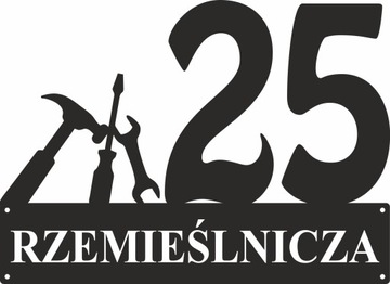Numer na dom. Stalowa tablica adresowa z grafiką.