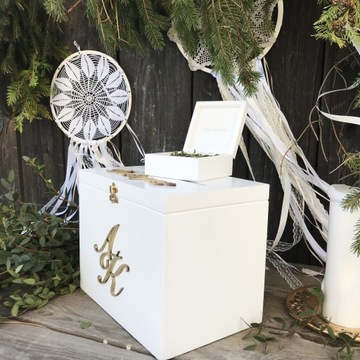 Большая БЕЛАЯ Коробка для КОНВЕРТОВ+ОБРУЧАЛЬНЫХ КОЛЬЦ, мох