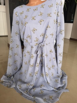 Błękitna wiosenna rozkloszowana lekka sukienka 42