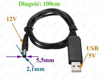 Kabel Konwerter USB - DC 2.1 x 5.5mm 12V Zasilacz