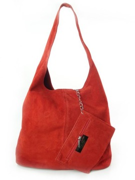 Zamszowy Worek Włoska Skóra Shopper Bag Czerwony