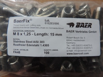 Втулка для ремонта резьбы М8х1,25 15мм, НЕРЖАВЕЮЩАЯ