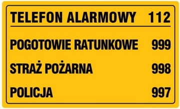 Tablica tabliczka TELEFONY ALARMOWE 20x33cm PCV