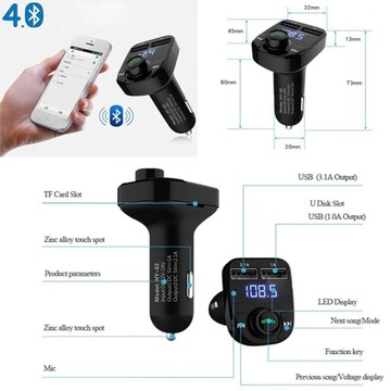 ЗАРЯДНОЕ УСТРОЙСТВО BLUETOOTH FM-ПЕРЕДАТЧИК 2xUSB MP3 SD LCD