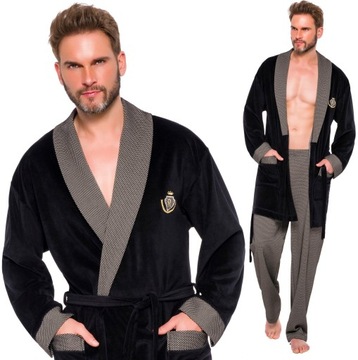 SZLAFROK MĘSKI BONŻURKA WELUR ATŁAS KOŁNIERZ XXL