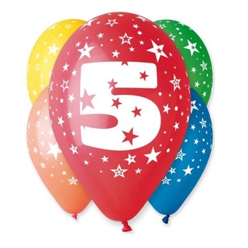 Balony Urodzinowe z Nadrukiem-Cyferka Nr 5- 5 szt.