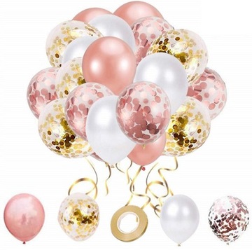 BALONY ROSE GOLD ZŁOTE BIAŁE PANIEŃSKI z konfetti