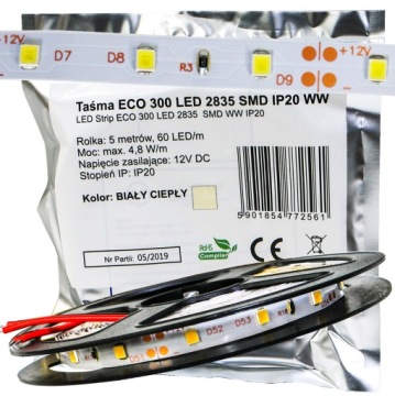 ECO Taśma 300 LED 2835 12V 300 Led ciepła 24W 5m