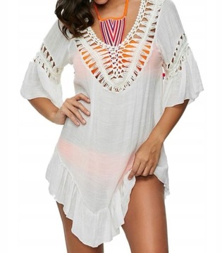 TUNIKA PLAŻOWA DAMSKA SUKIENKA MINI NARZUTKA BOHO FRĘDZLE AŻUROWA EKELA