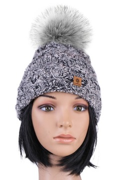 CZAPKA ZIMOWA SZARY WOOLK GAJA POMPON WEŁNA MODA