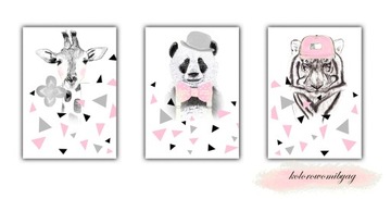 3 szt TYGRYS PANDA ŻYRAFA TRÓJKĄTY PLAKATY a4