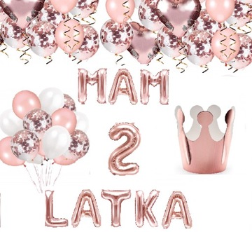 Zestaw BALONY cyfra 2 LATKA urodziny ROSE GOLD