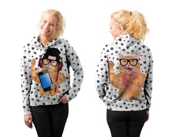 BLUZA DAMSKA PRINT XL KOT TELEFONEM KAPTUREM BIAŁA