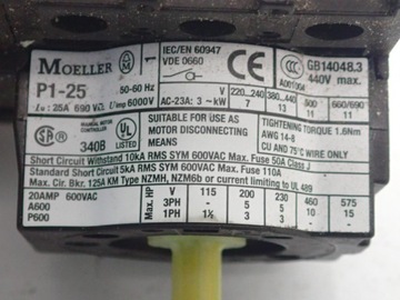Главный переключатель Moeller P125 25a 3KW 690V 50-60 Гц