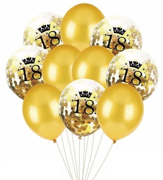 BALONY NA OSIEMNASTKĘ 18 ZŁOTE Z KONFETTI 10 SZTUK