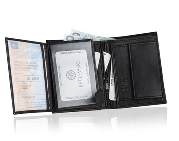 BETLEWSKI skórzany portfel męski na karty monety RFID duży skóra naturalna