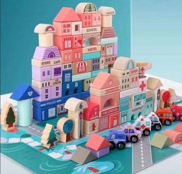 ДЕРЕВЯННЫЕ УЧЕБНЫЕ БЛОКИ С ГОРОДСКИМ КОВРИКОМ 115 шт.