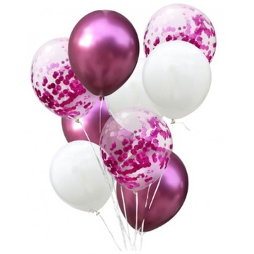 BALONY Z KONFETTI FUKSJA 9 SZTUK URODZINY ROCZEK