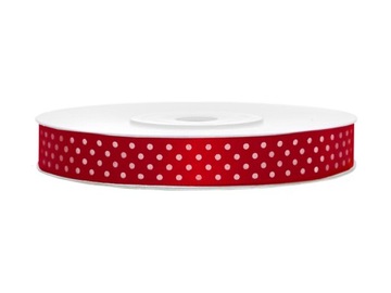 WSTĄŻKA satynowa GROSZKI kropki 12 mm 25m CZERWONY