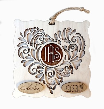 PAMIĄTKA PIERWSZEJ KOMUNII w drewnie KOMUNIA ŚW.