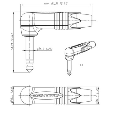 NP2RX złącze jack mono kątowe niklowane (TS) 6,3 mm-1/4' Neutrik