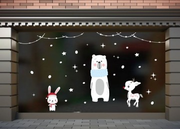 Наклейки на окно мишка Тедди Олени Рождественское стекло 130х100