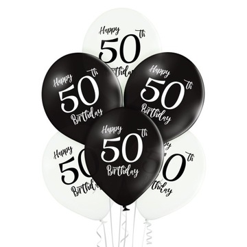 Balony 50 urodziny czarne białe 6szt Happy Birthday/ pięćdziesiątka