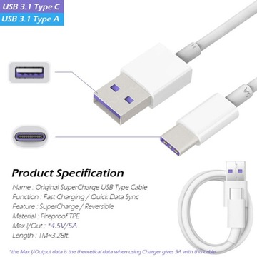 Huawei Original Cable Quick зарядка USB-C до P30 P30 Pro 5a