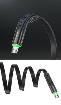 ПЛОСКИЙ USB 2,4 A кабель MICRO USB QC 3.0 1 м со светодиодом