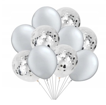 BALONY Z KONFETTI SREBRNE METALICZNE 10 SZT ROCZEK