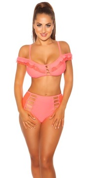 RB274 KORALOWE BIKINI FALBANKI WYSOKI STAN RÓŻOWE 38 KORONKA KOSTIUM M/B