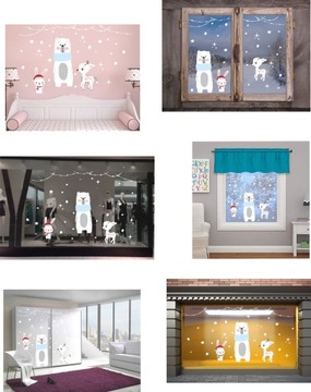 Наклейки на окно мишка Тедди Олени Рождественское стекло 130х100