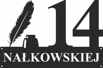 Numer na dom. Stalowa tablica adresowa z grafiką.