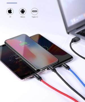 BASEUS MOCNY KABEL USB PRZEWÓD 3w1 do IPHONE MICRO TYP-C USB-C 3.5A 30cm