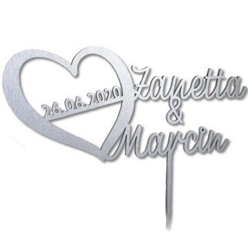 SREBRNY TOPPER DEKORACJA IMIONA I DATA WESELE ŚLUB