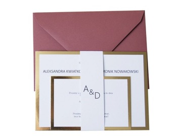 ZŁOTE ZAPROSZENIA ŚLUBNE Z OPASKĄ ELEGANCKIE