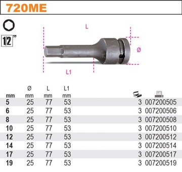 УДАРНАЯ НАСАДКА С ХВОСТОВИКОМ BETA 1/2' 720ME 6 мм