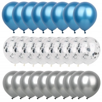 BALONY zestaw NIEBIESKIE SREBRNE z konfetti 25 szt