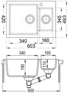 ГРАНИТНАЯ МОЙКА, 1,5 чаши, ПОЛУТОРНАЯ КОРЗИНА + СИФОН