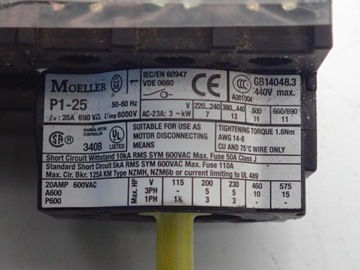 Главный переключатель Moeller P125 25a 3KW 690V 50-60 Гц