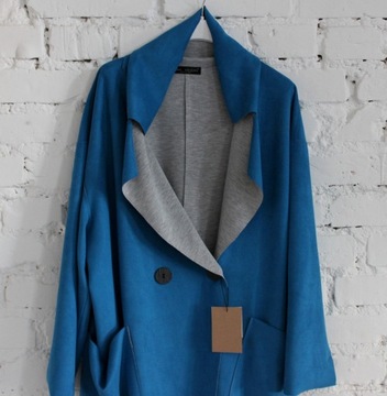 Świetny oversize płaszcz ZAMSZ niebieski r.44-52